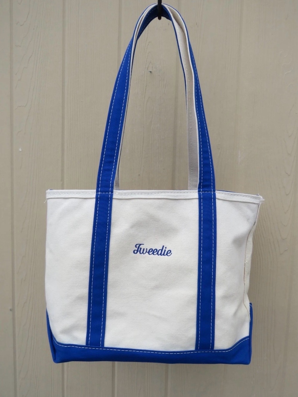 L.L. Bean White and Blue Canvas Tote with Embroidered Name